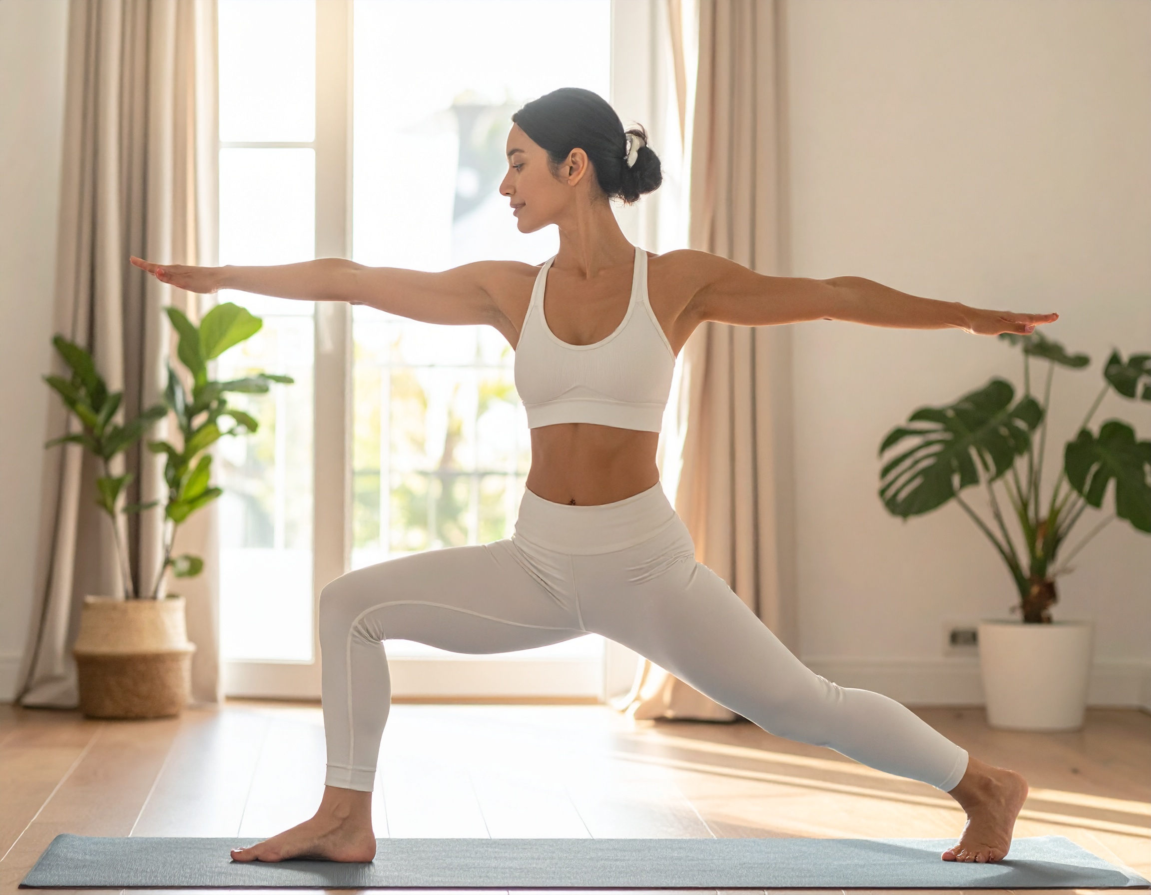 Firefly_A woman doing vinyasa yoga poses 210103 Image of woman performing a vinyasa yoga pose
